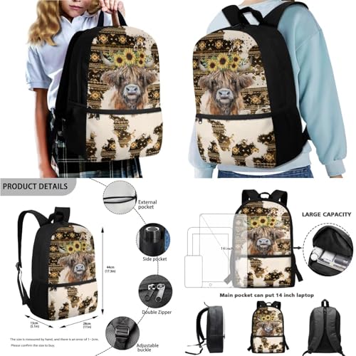 Highland Cow Print Backpack and Lunch Box for Girls Aztec Sunflower Print Kids Backpack and Pencil Case Set with Water Bottle Bag Crossbody 17 Inch Bookbag Set Back to School Supplies2