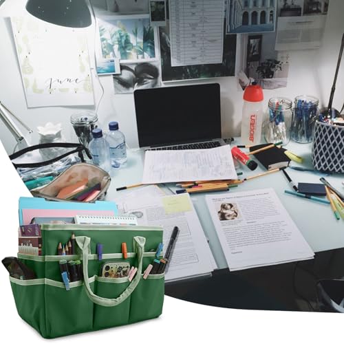 Image of Cupohus Art Organizer Craft Storage Tote Bag with Pockets and Handles, Oxford Fabric Carrying Caddy for Teacher, Officer, Artist, Traveler, and more -Green
