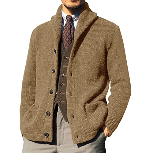 Narex Herren-Strickjacke, Schalkragen, Zopfstrick, offene Vorderseite, Knopfleiste, gerippte Strickware, Oberbekleidung mit Taschen, Braun, XL Cover