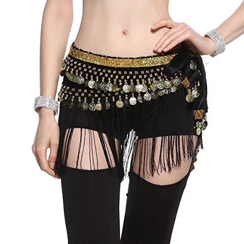 MISI CHAO Belly Dance Hip Scarf - Tribal Coins Wave Shape Hip Skirt Belly Dancing Belt Tassel Fringe Shawl Wraps Belts for Women/Girls(BlackGold)