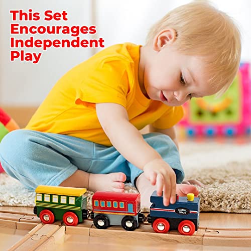wooden train set 35 piece all in one wooden toy train tracks set with magnetic trains and railway accessories comes in a clear container compatible with all major brands