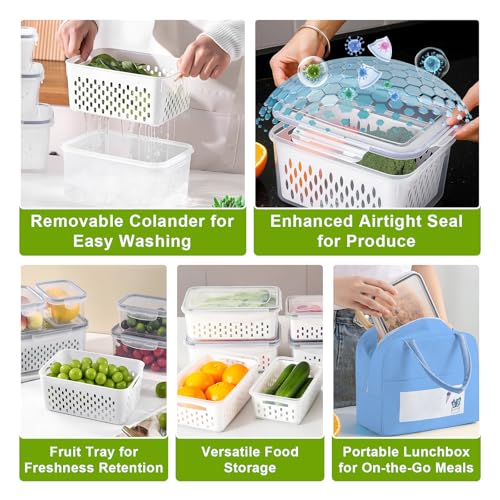 Set of 3 Fruit Storage Containers for Fridge with Removable Colanders, Fresh Food Storage Containers with Lids Airtight, Leakproof Fridge Organizer Bins for Salad Fruit Vegetables Meat Keeper Fresh - Image 6