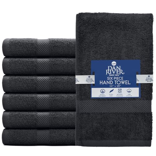 Image of DAN RIVER 6-Pack Premium Hand Towels (16x28 Inches) - 100% Cotton, Ultra Soft, Lightweight, Highly Absorbent Towels for Bathroom, Spa, Gym, Salon, Hotel, and Travel - Charcoal