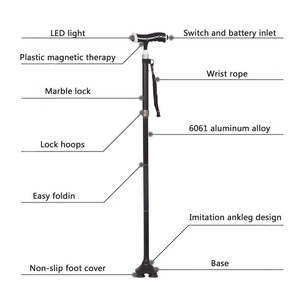 Bastón para Caminar con luz LED, Antideslizante/aleación de Aluminio, Altura Ajustable 82-94 cm, para Acampar, Escalar, Correr, muletas Times