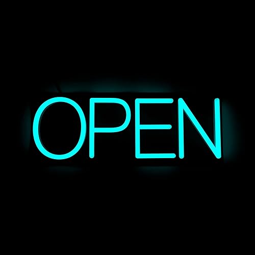 Miniatura 4 de HiNeon Letrero abierto de neón azul hielo de 20 x 7 pulgadas con control remoto, letrero de luz cian eléctrica para tienda de negocios, con cadena