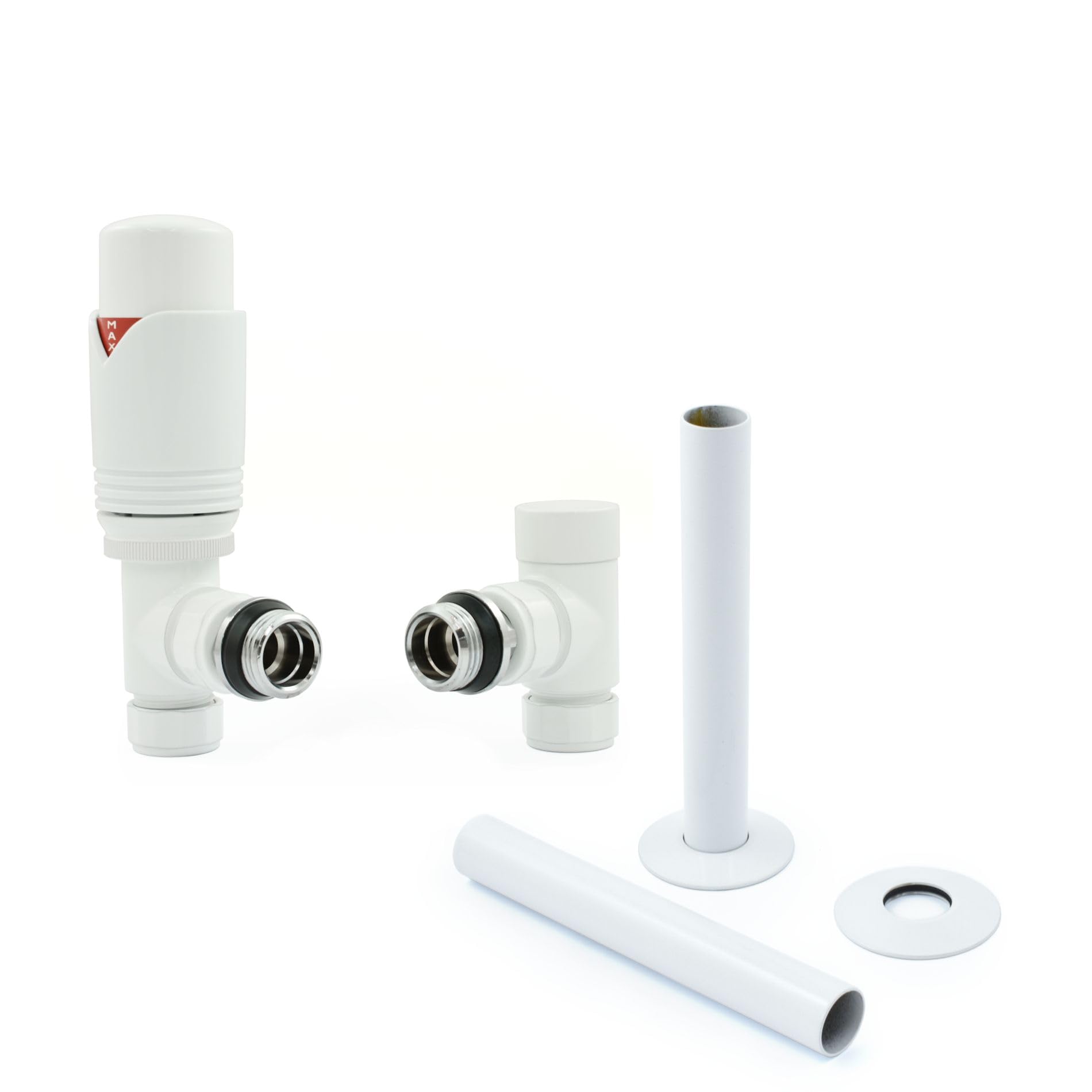 Hot Flow All-White Marella Modern Thermostatic Radiator Valve Angled TRV. Includes Angled TRV Body, Wheel Head, Lock Shield & Pipe Sleeve for Quick & Easy Temperature Control.
