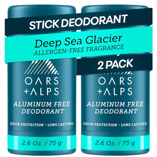 Oars + Alps Aluminum Free Deodorant for Men | Long Lasting Odor Protection Clear & Free of White Residue Anti-Chafing Smooth Glide Dermatologist Tested Deep Sea Glacier 2pk 2.6oz