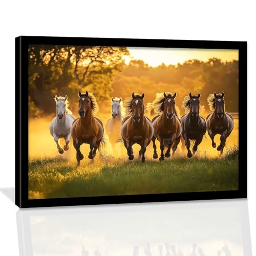 Image of HOTHOUSE Seven Running Vastu Lucky Horse | 7 Horses Vastu Frame Wall Art Painting for Living Room Bedroom Office Home Decor Rising Sun Painting Wall Decor Size (10X13 inch)