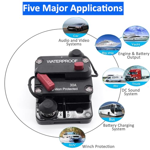 30A Boat/Car Circuit Breaker with Manual Reset Switch, Waterproof Inline Fuse for Motor Trolling Vehicles Audio Electronic Battery Solar System Protection 2V-48V with Wire Lug Copper Washer Screw - Thumbnail 3