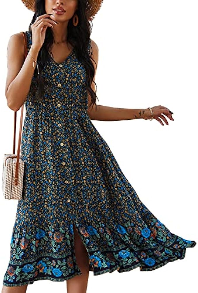 TEMOFON Women Dress Summer Sleeveless Floral Bohemian V Neck Button Down Flowy Dresses S-XL