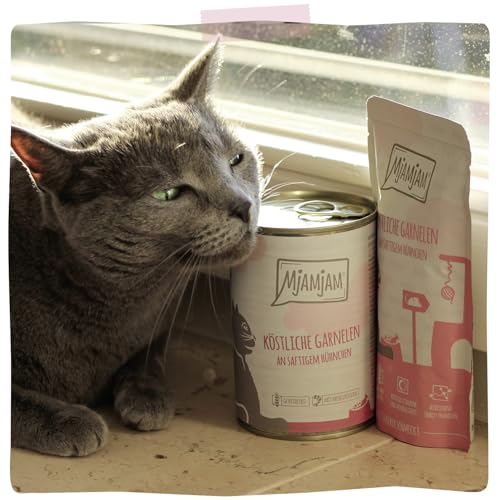 MjAMjAM - Premium Nassfutter für Katzen - köstliche Garnelen an saftigem Hühnchen, 6er Pack (6 x 400 g), getreidefrei mit extra viel Fleisch