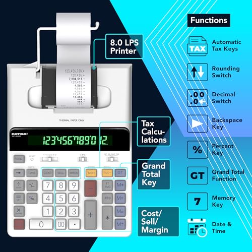 CATIGA Calculadora de impressão térmica de 12 dígitos com impressão em fita, máquina de adição sem t