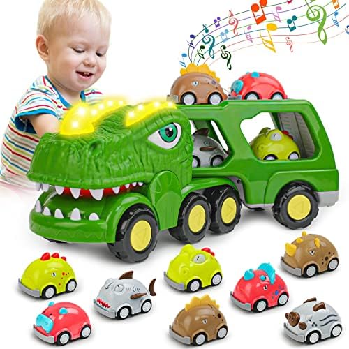 Dinosaur Truck Toys for 1 2 3 4 5 Year Old Boys | 9-in-1 Friction Power Vehicle Car Dinosaur Toys for Kids 3-5 | Christmas Birthday Gifts with Lights and Sound for Boys Girls Toddler Toys Age 1-2