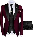 Wangyue Mens Suit 3 Piece Slim Fit Suits for Men Wedding Prom Tuxedo for Men Formal Business Suit Large Burgundy-black