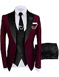 Wangyue Mens Suit 3 Piece Slim Fit Suits for Men Wedding Prom Tuxedo for Men Formal Business Suit Large Burgundy-black