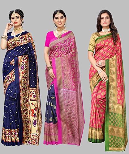 Image of Yashika Women's Combo Art Silk Saree with Blouse Piece-Pack of 3(MATWALI Metro Navy-ALIFA Pink) Multicolor-09