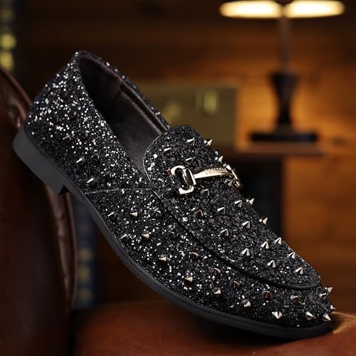 COSIDRAM Men's Glitter Studded Dress Shoes Fashion Metallic Sequins Gold Buckle Spikes Rivets Luxury Wedding Party Loafers4