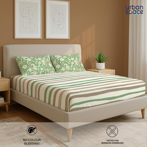 Image of Urban Space 144 TC Divine 100% Cotton Bedsheet for King Bed, Cotton Bedsheet with 2 Pillow Covers (Size 108 x 108 inches, Streak Sage Green, King Size)