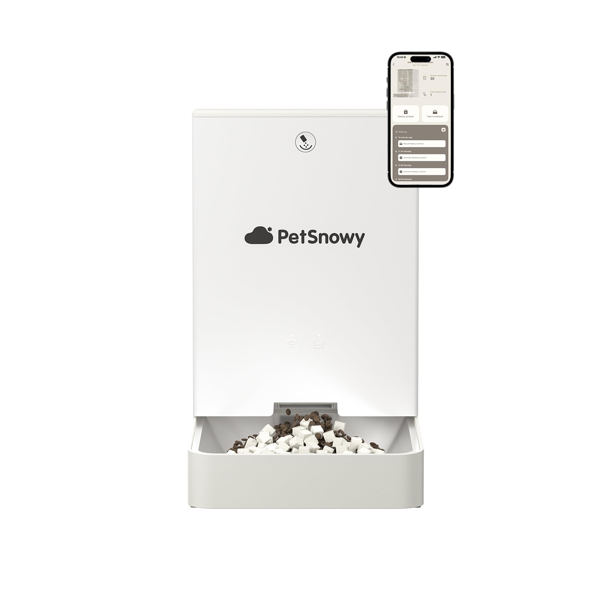 PetSnowy Smarter Futterautomat – App & Magnet-Fernbedienung, verstopfungsfreier Spender, Dual-Power mit Fütterungsplan-Speicher, für Trocken- & gefriergetrocknetes Futter