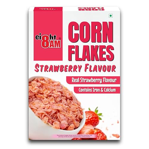 Image of 8AM Corn Flakes Strawberry 300 Gram, Golden Corns & Strawberry, No Cholesterol, Trans Fat, Artificial Additives, Iron & Calcium, Crunchy & Nutritious Breakfast Cereal