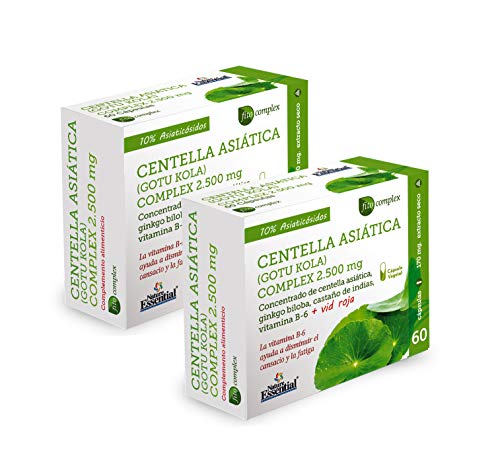 Centella asiática (complex) 2500 mg 60 cápsulas vegetales con castaño de indias, vid roja, ginkgo biloba y vitamina B-6. (Pack 2 Unid.)