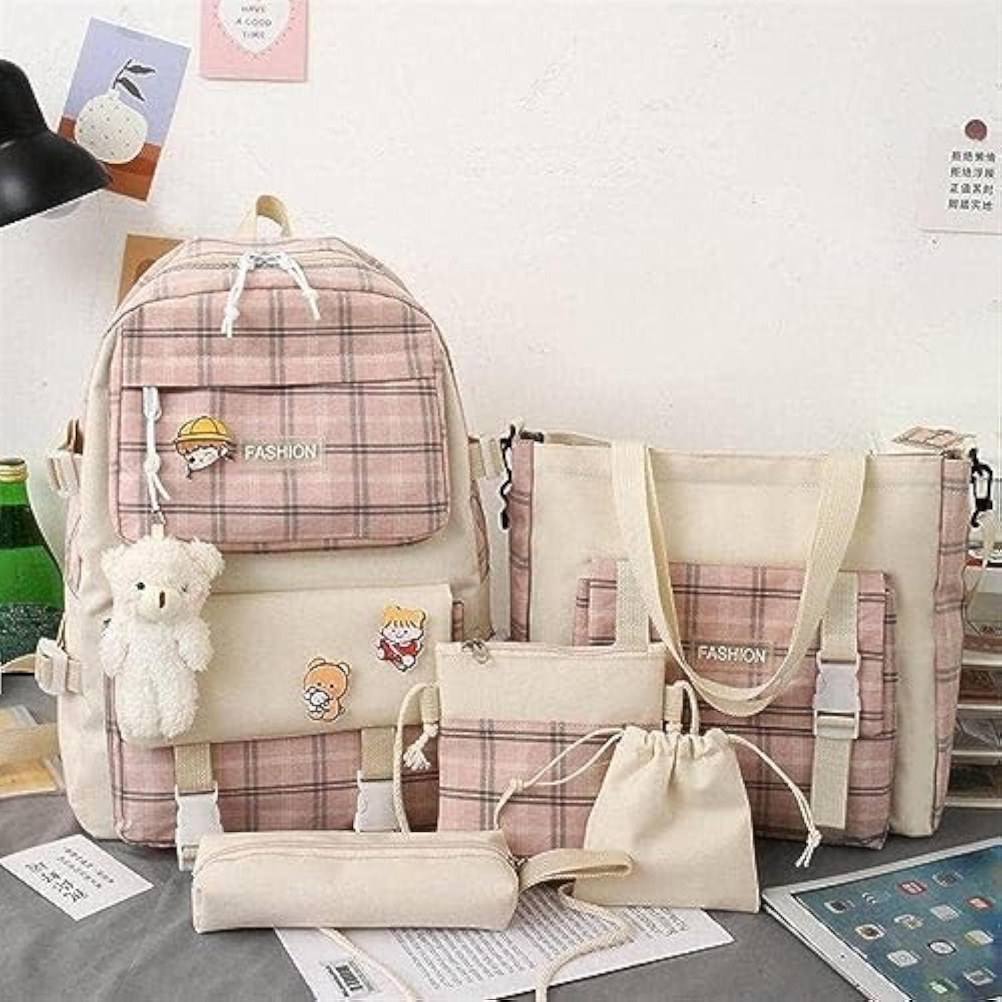 5Pcs Plaid Check Backpack Combo Kit, Cute Children's Bags