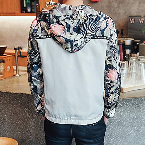 Rexcyril Men's Windbreaker Jacket, Floral Bomber Jacket Hooded Lightweight Zip-Up Drawstring Flower Coat White Medium #TOP4