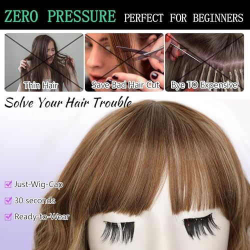 Image of AISI HAIR Wig with Bangs for Women Synthetic Heat Resistant Wigs (blonde highlight brown)