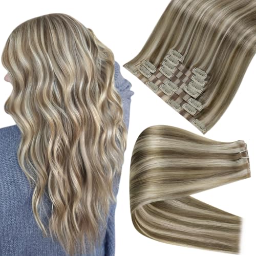 Image of Full Shine Blonde Clip in Hair Extensions, Light Brown Highlight | Human Hair Clip ins, 18 Inch 120g 8 Pcs, Seamless PU Weft, Straight Texture, Added Length and Volume, Natural Blend
