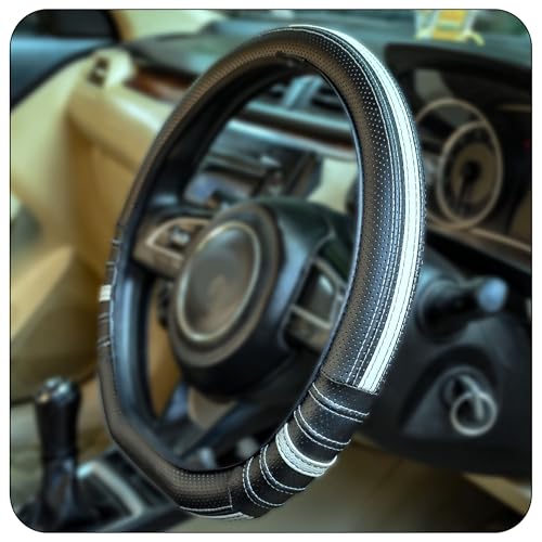 Image of CONTINENTAL [DuraGrip] Classic D-Shape Car Steering Wheel Cover Build with Premium Vegan Leather Anti Slip Natural Rubber (Black & Grey).