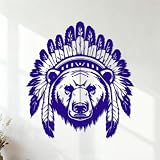Bärenkopf trägt Indianerhäuptling Kopf handgezeichnet Wandaufkleber PVC 42x45.8cm Rückstandslos entfernbar Dunkelblau