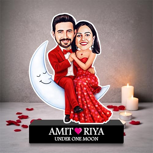 Image of ZOCI VOCI Personalized Couple Gift from Photo, Custom Name Acrylic Couple Caricature, Romantic Gift for Couples (Under One Moon, Without Light)