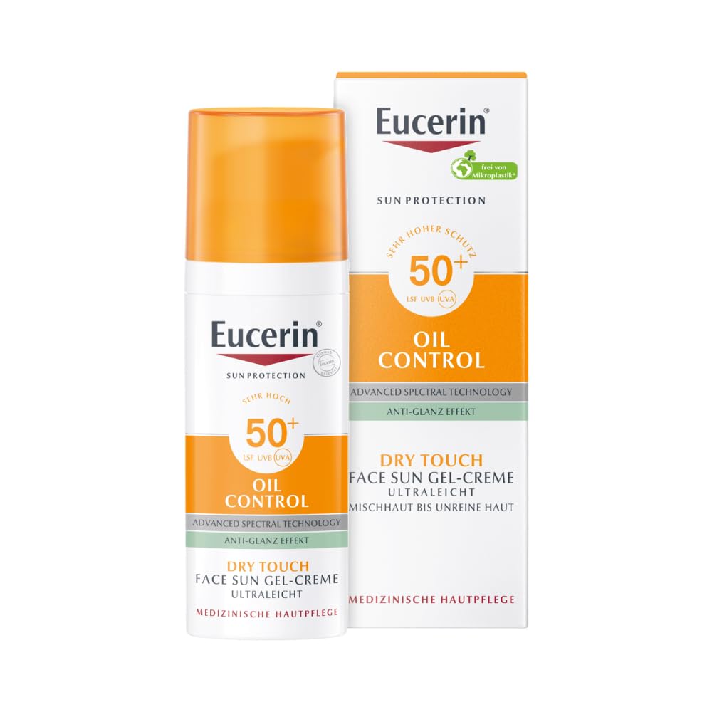 Eucerin Oil Control Sun Face Gel-Cream LSF 50+ 50 ml, unparfümierte Sonnencreme mit Dry Touch für empfindliche, fettige und zu Akne neigende Haut, schnell einziehender Sonnenschutz mit UV-Filter