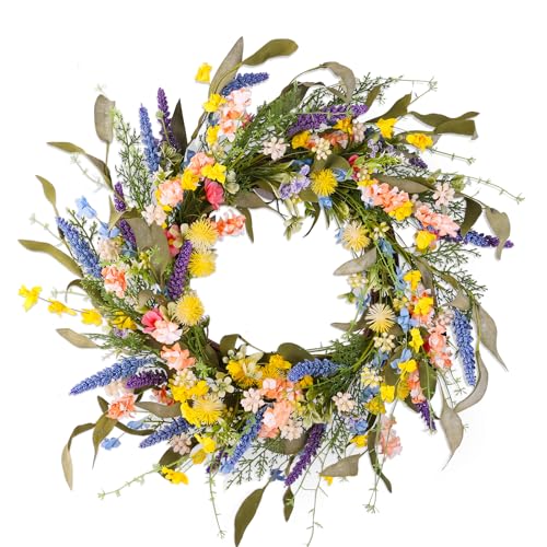 22 Colorful Wildflower Spring Summer Wreath with Green Leaves Floral Artificial Wreath for Front Door Home Wall Wedding Farmhouse Holiday Outdoor Indoor Dcor (Yellow)