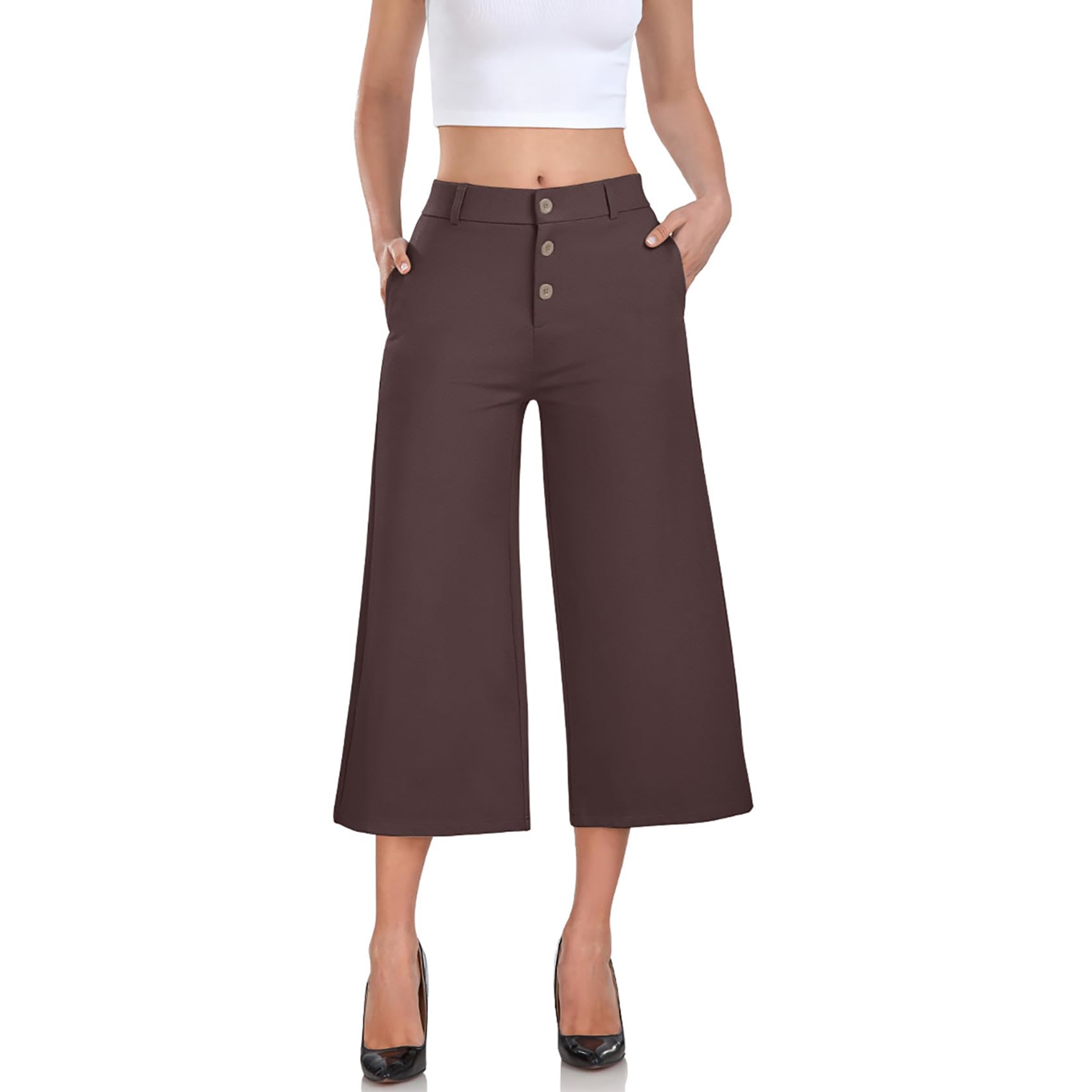 RIMLESS 7 Wide Leg Pants for Women Fashion Twill Cropped Trousers Business Casual Dress Pants Stretch Capris Work Slacks