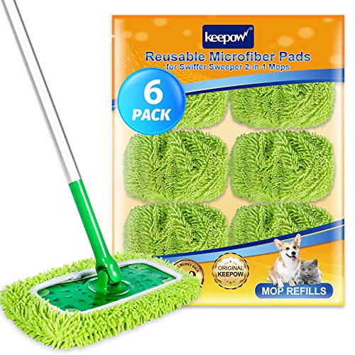 KEEPOW Trockene Bodentücher / Feuchte Bodentücher für Swiffer Sweeper Mop, Wiederverwendbar Waschbaren Mikrofaser Pads für die Reinigung von Hartböden/Holzböden, 6 Stück