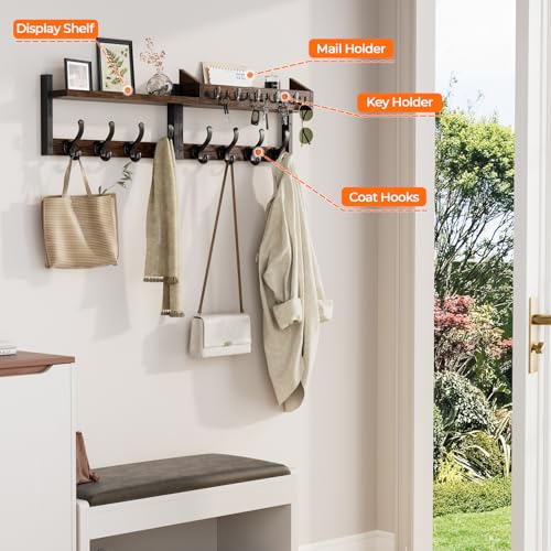 Image of Evermagin 35 inch Coat Rack Wall Mount with Shelf, 4 in 1 Coat and Key Hanger with 13 Metal Hooks, Entryway Wall Mounted Shelf with Mail Holder for Living Room, Bedroom, Rustic Brown