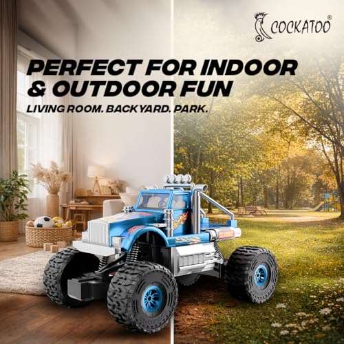 Image of Cockatoo Kids Monster Truck Remote Control Car Toy for Kids, RC Car 2WD, 2.4GHz Remote, Smooth Suspension, 10-15 km /h Speed, 1200mAh Rechargeable Battery, Racing Car, Indoor & Outdoor, Ages 4+, Blue