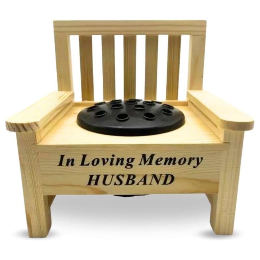 shopior Memorial Wooden Bench with Flower Pot – Graveside Ornament with Black Plastic Insert Pot – Outdoor Cemetery Grave Decoration | Remembrance & Sympathy Tribute Gift (In Loving Memory - Husband)