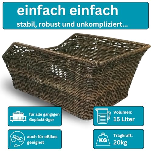 Fahrradkorb hinten XL Gepäckträgerkorb - Red Loon für Fahrrad Gepäckträger - Fahrrad Korb hinten im Rattanlook - Fahrradkorb hinten Schulranzen Taschenkorb