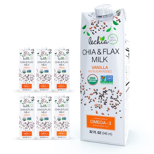 Lechia Organic Chia & Flax Milk Vanilla, 1200mg Omega-3, Non Dairy, Lactose Free, Vegan, Plant Based, Gluten Free, Soy Free, Kosher, Non-GMO, Shelf-Stable, Low Carb, Zero Sugar, Keto, 32oz (6 Pack)