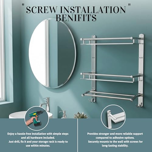 Image of GLOXY Premium Stainless Steel Bathroom Shelf Combo Pack of 3 | Double Layer Wall Mounted Storage Rack with Towel Rods | Chrome Finish Bathroom Fittings Accessories Set for Home & Washroom