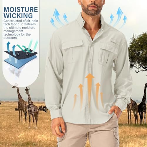 Asfixiado Hemd Herren Safari UPF50+ UV Schutz Wanderhemd Herren Langarm Funktionshemd Outdoorhemd Atmungsaktiv Schnelltrocknend Casual Button Down Shirts(Light Khaki L)