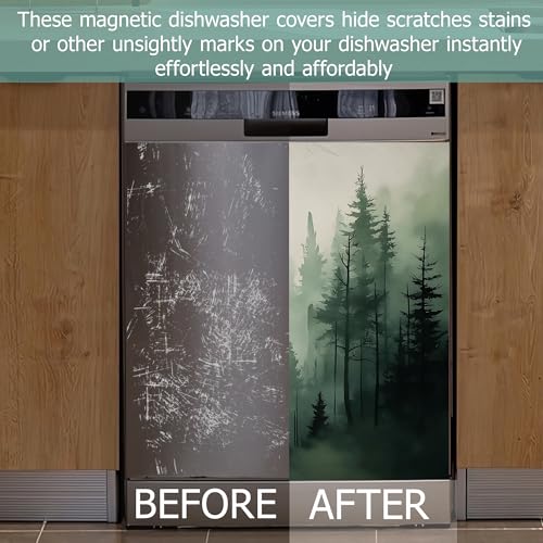 Image of Foggy Forest Dishwasher Covers for The Front Magnetic,Green Trees Refrigerator Magnets Decoration,Reusable Dishwasher Cover Panel for Home Kitchen Decor 23x26 Inch