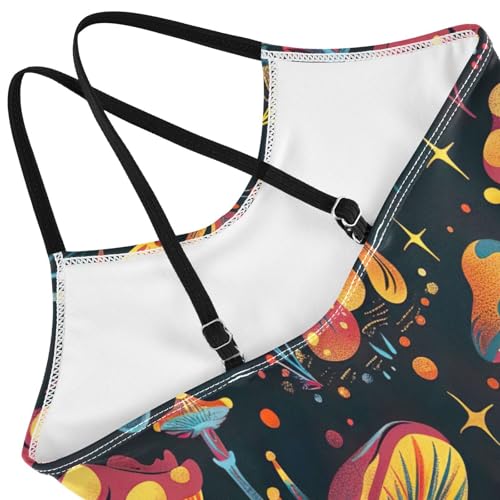 Psychedelic Cartoon Mushrooms Girls One Piece Swimsuit with Adjustable Shoulder Strap, Beach Swimsuit, 3-104