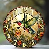 SEMARY Stained Glass StyleHummingbird Wall Clock with Flowers12-Inch Wooden Wall Clock, Silent Movement, Artistic Home Decor