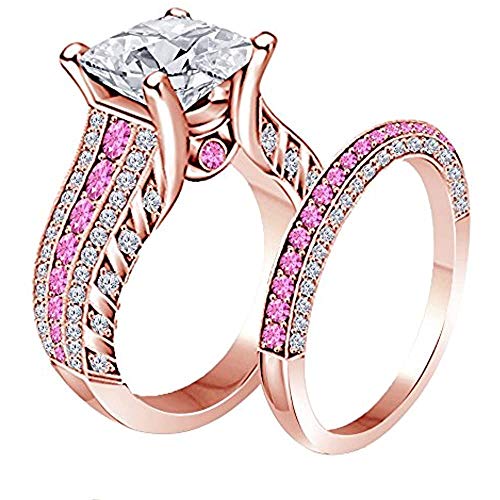 Ranjeeta Princess & Round Cut Pink Sapphire & Diamond 925 Sterling Silver 14K Gold Fn Diamond Engagement Wedding Bridal Ring Set for Women's