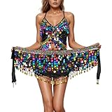 Bufanda Danza del Vientre Mujer Cinturón de Cadera y Top Bufanda con Monedas 2 Piezas Traje de Danza del Vientre Faldas Lentejuelas para Disfraz para Espectáculo Carnival (Multicolour, One Size)