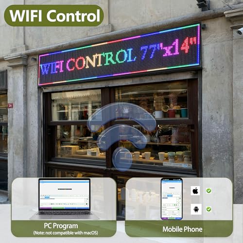 Image of 77 x 14 Inch P10 Outdoor LED Sign, Full Color Programmable Storefront Message Board with WiFi Control, Waterproof Scrolling Digital Display for Shop Window, Restaurant, Church, Cafe and Business