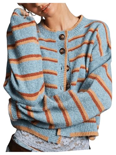 Image of BEAUDRM Women's Striped Button Down Crop Cardigans Long Sleeve Crew Neck Knitted Cardigan Sweaters Multicolor X-Large